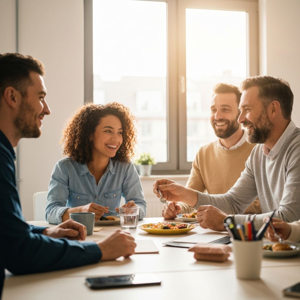 Työkaverit lounaalla keskenään